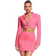 Pink - Women Suits Shein Pink Metal Buckle Truncated Avant-Garde Ins Style Sweet Blazer Slit Skirt Suit