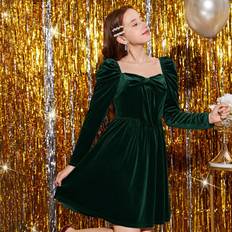 Sammet Barnkläder Shein Teenage Girls' Velvet Gorgeous Dress With Square Neckline & Lamb Sleeves And Bow Detail