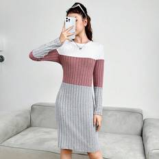 Multicoloured Dresses Children's Clothing Shein Teen Girls' Color Block Knitted Sweater Dress