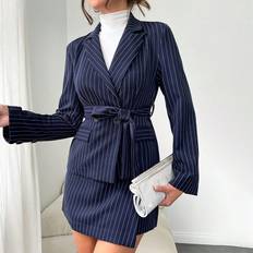 Shein Women Suits Shein Stripe Tie Blazer Front Skirt Set - Women'S