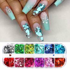 Shein 12 Colors Heart Nail Glitter Sequins 1 Box Sparkly Mirror Silver Red Pink Love Heart Flakes Slice Manicure Paillette DIY Nail