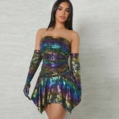 Shein Holographic Ruffle Hem Tube Dress With Arm Sleeves