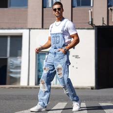 Shein Men Jumpsuits & Overalls Shein Men's Faded And Distressed Denim Overalls