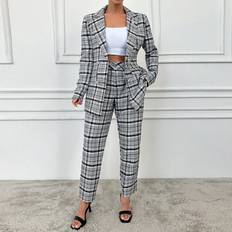 Suits Shein Double Breasted Plaid Blazer And Trousers Suit Set With Turn-down Collar