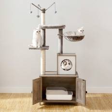 Shein HOOBRO Greige Cat Scratching Post With Cat Litter Box Cabinet, 2 In 1 Cat Box Furniture, Litter