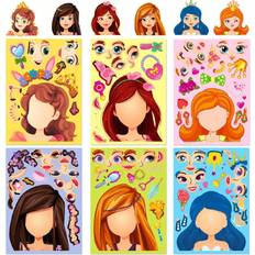 Shein 1pack 6 Blue Princess Face Swap Stickers, Cartoon Parent-child Interactive Puzzle Handwriting Diy Jigsaw Sticker