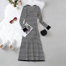 Beige Dresses Shein Tween Girl Striped Pattern Sweater Dress