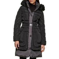 Guess Women Coats Guess Women's Faux Fur Trim Belted Puffer Coat Black