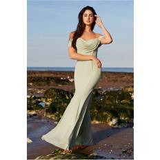 Green - Long Dresses Goddiva Chiffon Bardot Cowl Neck Maxi Dress Sage Green Sagegreen