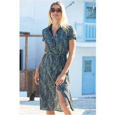 Sosandar Womens Khaki Green Animal Print Belted Shirt Dress