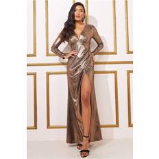 Gold - Long Dress Dresses Goddiva Plunge Neck Pleated Foil Maxi Dress Gold