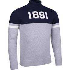 Glenmuir Mens and Ladies Roll Neck Contrast Chest and Sleeve Touch of Cashmere 1891 Heritage Sweater Light Grey Marl/Navy/White