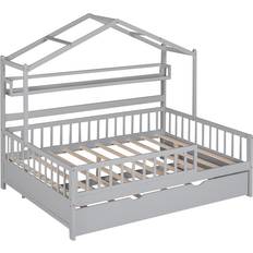 Kid's Room Bed Bath & Beyond Wooden Full Size House Bed with Twin Size Trundle Kids Bed with Shelf 57.8x77.6"