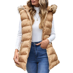 Shein Jackets Shein Women'S Sleeveless Plush Trimmed Hooded Padded Jacket With Zipper