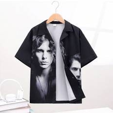 Black Shirts Children's Clothing Shein Boys' Casual Loose Short Sleeve Woven Shirt With Portrait Pattern And Button-Down Collar