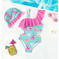 Axelband Baddräkter Shein Baby Girls' One-Piece Swimsuit With Cartoon Print And Hollow-Out Waist And Ruffle Trim, Comes With Swimming Cap