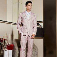 Men - Pink Suits Shein Striped Flap Pocket Suit Set - Men'S