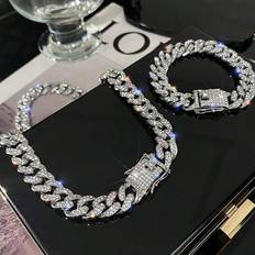 Shein 1pc Trendy European And American Style Fully Rhinestone-decorated Silver Necklace For Men And Women, Cool Jewelry Accessory