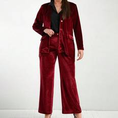Red - Women Suits Shein Plus Size Lapel Collar Long Sleeve Blazer And Pants Set - Women's