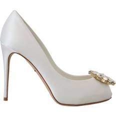 Hvid Højhælede sko på tilbud Dolce & Gabbana White Crystals Peep Toe Heel Satin Pumps EU36.5/US6