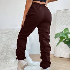 Flare Trousers Shein Solid Color Loose-fit Drawstring Design Long Pants