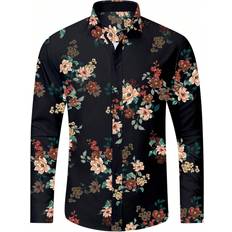 Black Shirts Shein Men'S Flower Printed Long Sleeve Shirt