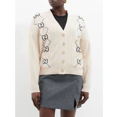 Gucci Women Cardigans Gucci GG Logo-intarsia Cotton Cardigan Womens Blue Ivory