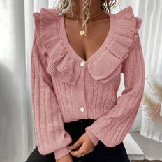 Pink Cardigans Shein Women's Solid Color Lace Trim Cardigan