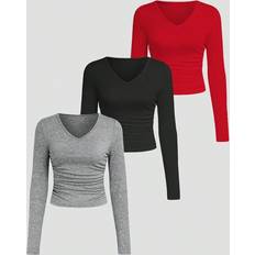 Red - Women T-shirts Shein Women'S V-Neck Long Sleeve T-Shirt