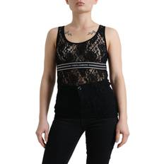 One Size Tank Tops Dolce & Gabbana Black Logo Stripe Lace Sleeveless Tank Top IT40