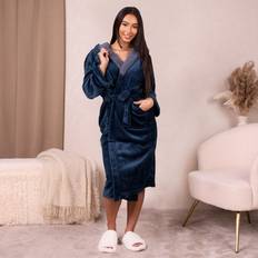 Flannel Fleece Hooded Dressing Gown Bathrobe Navy