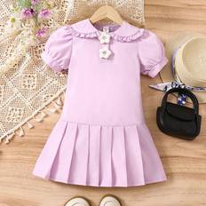 Purple Dresses Shein Little Girls' Solid Color Puff Sleeve Dress With 3d Flowers And Pleated Hem