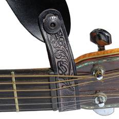 Musical Accessories Walker & Williams AT-2 Black Carving Leather Acoustic Guitar Strap Button Headstock Adaptor