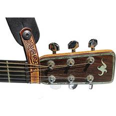 Musical Accessories Walker & Williams AT-2 Brown Carving Leather Acoustic Guitar Strap Button Headstock Adaptor