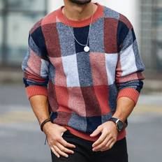 Multicolored Sweaters Shein Men'S Round Neck Plaid Sweater