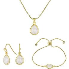 Kulta Korusetit Bling Jewelry Pink Quartz Teardrop Gemstone Earring Pendant Bracelet Set Gold Plated