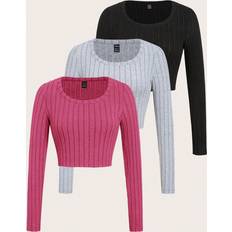 Pink T-shirts Shein Women'S Solid Color Ribbed Knit T-Shirt