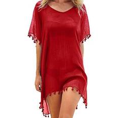 Best Swimsuit Cover-Ups & Sarong Wraps Women's Chiffon Beach Swim Cover-up with Tassels RED