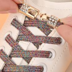 Shein 1pair Rhinestone Buckle Elastic No Tie Shoelaces With Colorful Pearlescent Design, Suitable For Sneakers And Sports Shoes