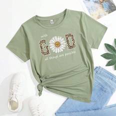 Green T-shirts Shein Big Girls' Slogan And Leopard Print Short Sleeve T-Shirt