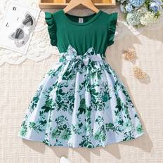 Boys - Green Dresses Shein Young Girl Floral Print Dress With Ruffle - Holiday