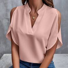 Pink - Women Blouses Shein Solid Cold Shoulder Split Sleeve Popover Blouse