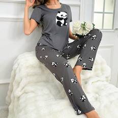 Gråa - Unisex Pyjamasar Shein Panda Print Short Sleeve T-Shirt And Long Pants Pajama Set