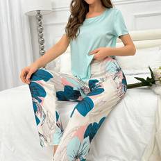 Dam - Gröna Pyjamasar Shein Women'S Pure Color Top And Flower Print Pants Pajama Set