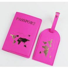 Rosa Adresslappar Shein Metallic Letter Graphic Passport Case With Luggage Tag PU