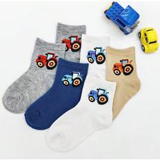 Shein 6pairs Boys' Cartoon Tractor Pattern Cute Breathable Comfort Round Socks, Fashionable Socks For Children Aged 1-6