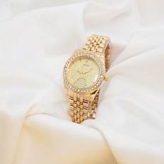 Klockor Shein 1pc Classic Watch With Gold Strap, Zirconia Bezel And Movement Suitable For Daily Use