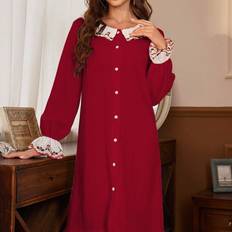 Dam - Röda Nattlinnen Shein Women'S Floral Embroidery Doll Collar Straight Sleep Dress