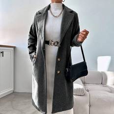 Fabric Coats Shein Ladies' Solid Color Double Breasted Woolen Coat With Suit Collar