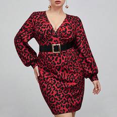 Leopard - Röda Kläder Shein Plus Leopard Print V Neck Lantern Sleeve Dress Without Belt
